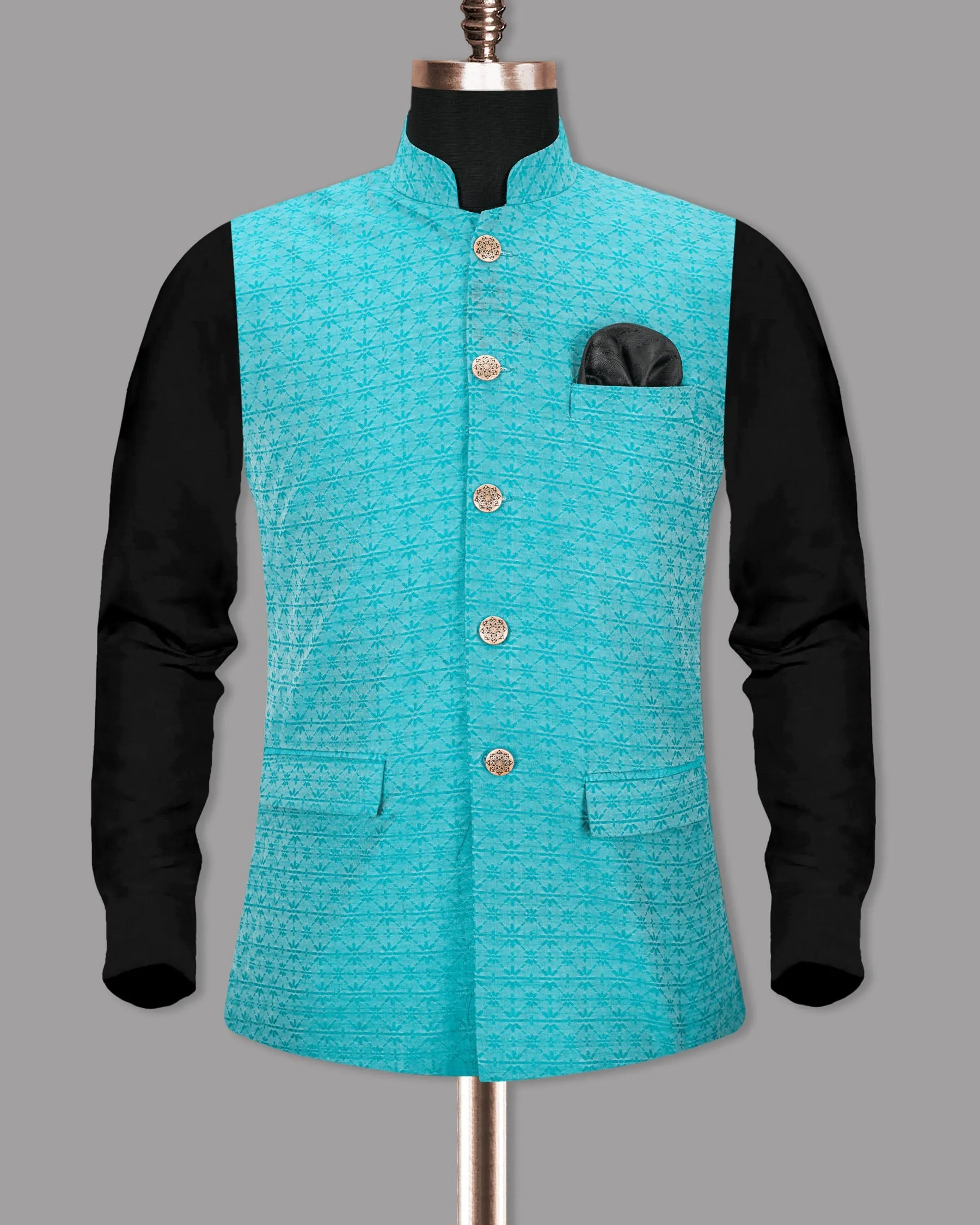 Fountain Blue Jacquard Designer Nehru Jacket
