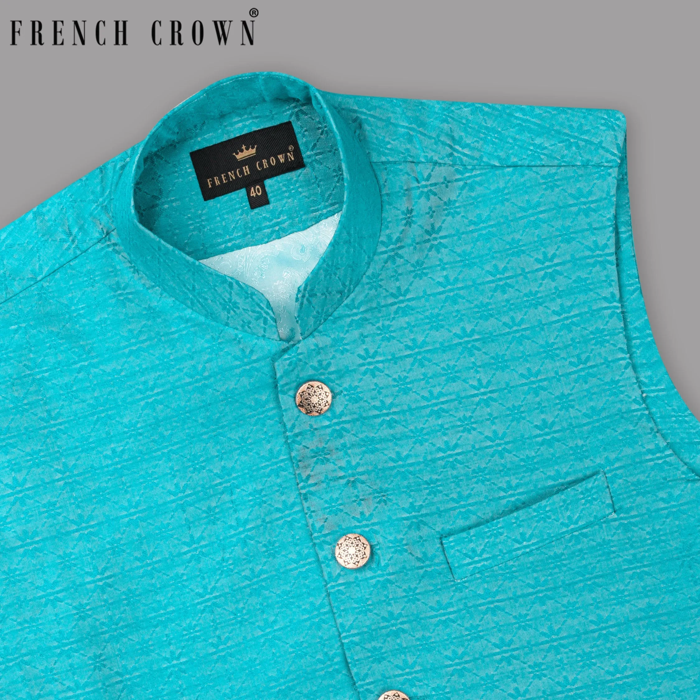 Fountain Blue Jacquard Designer Nehru Jacket
