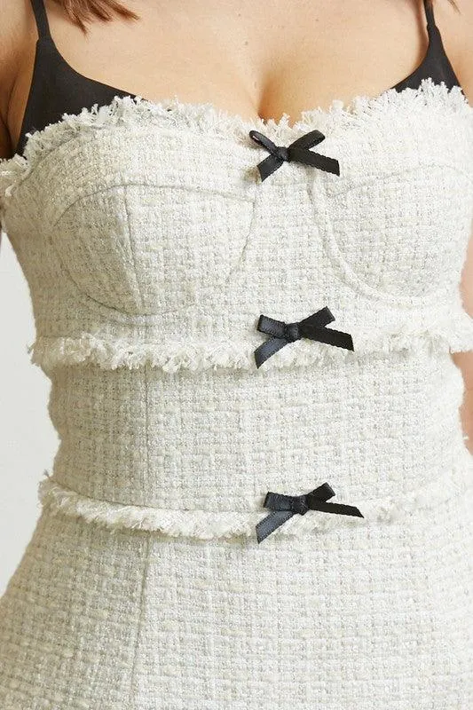 FRAYED TWEED RIBBON BOW MINI DRESS