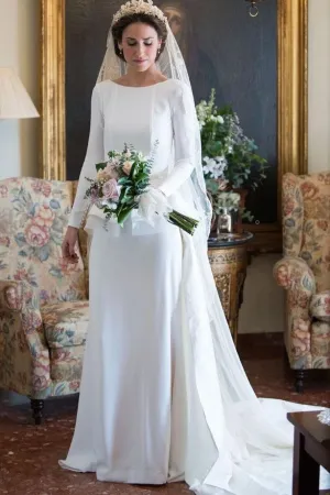 Full Sleeves White Sheath Bridal Dresses with Peplum