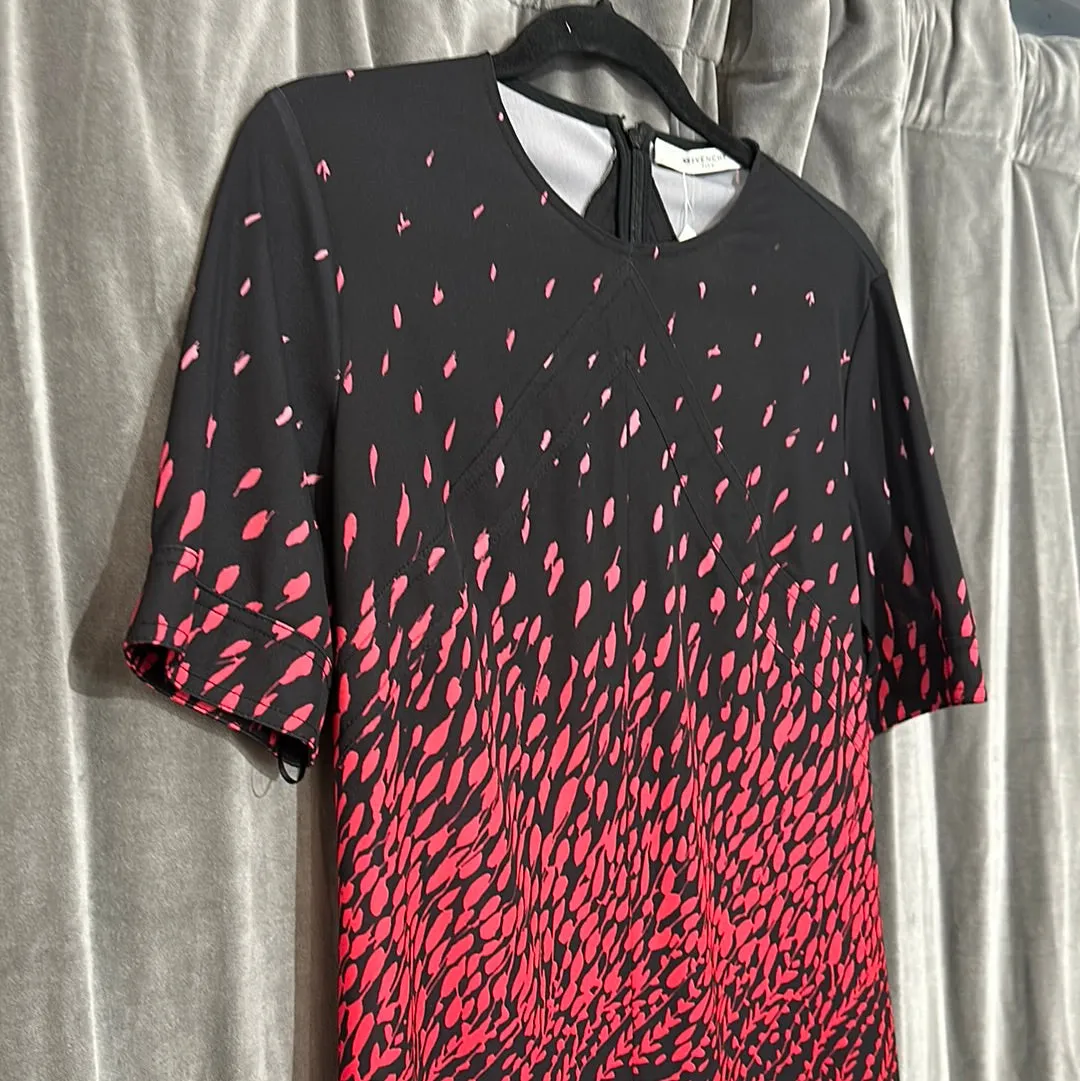 Givenchy Black Short Sleeve Shift Dress with Red to Coral Hombre Leaves