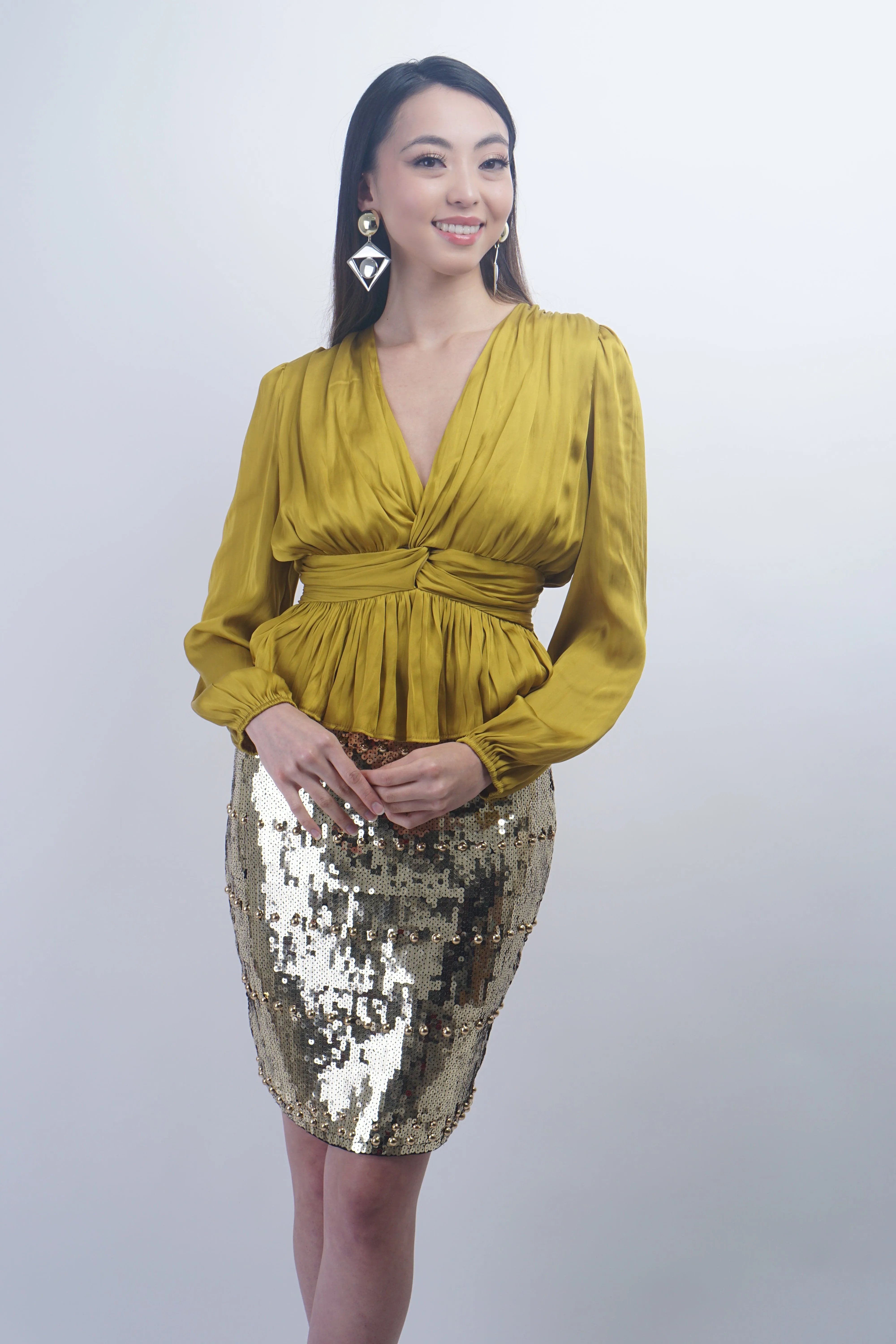 Gold Sequin Round Stud Pencil Skirt