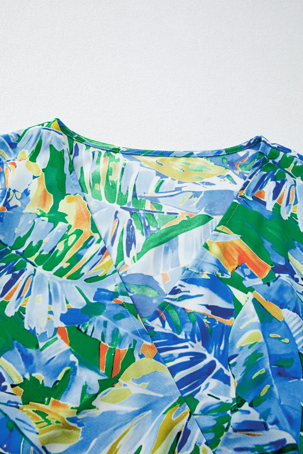 Green Leaves Print Short Sleeve Surplice Neck Ruffled Trim Plus Size Maxi Dress