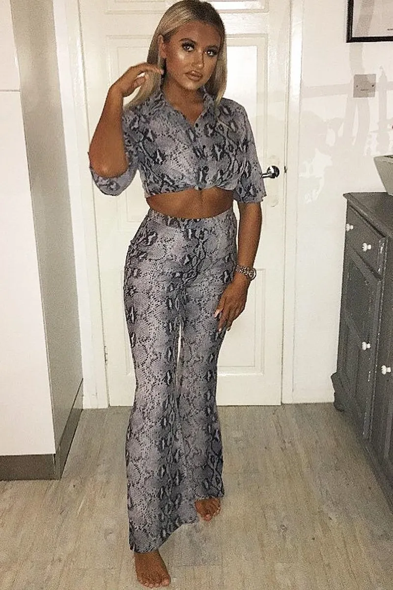 Grey Snake Print High Waisted Flare Trousers And Shirt Co-ord - Colynn