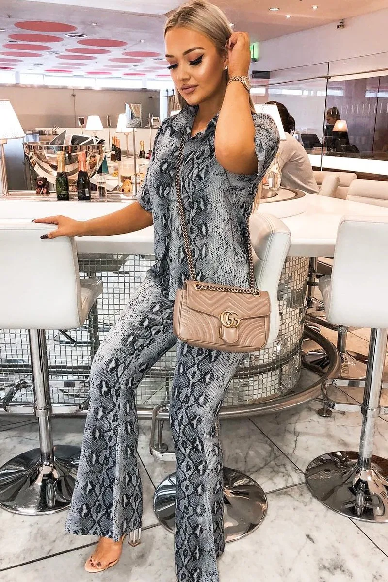 Grey Snake Print High Waisted Flare Trousers And Shirt Co-ord - Colynn