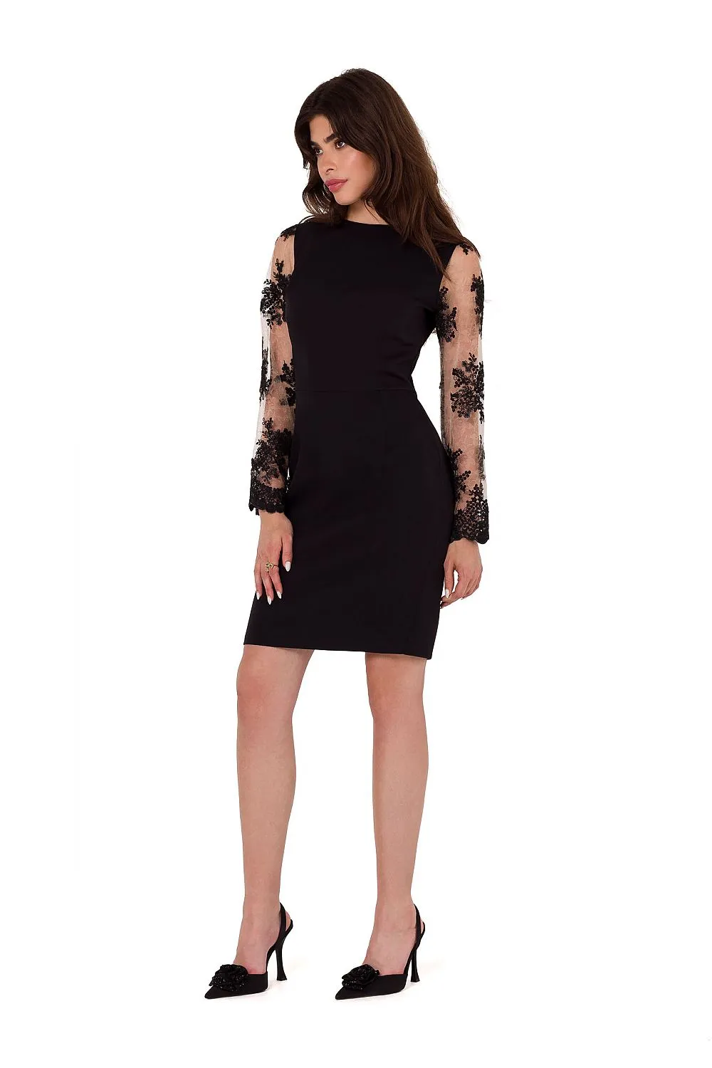 Guipure Sleeve A-Line Midi Dress
