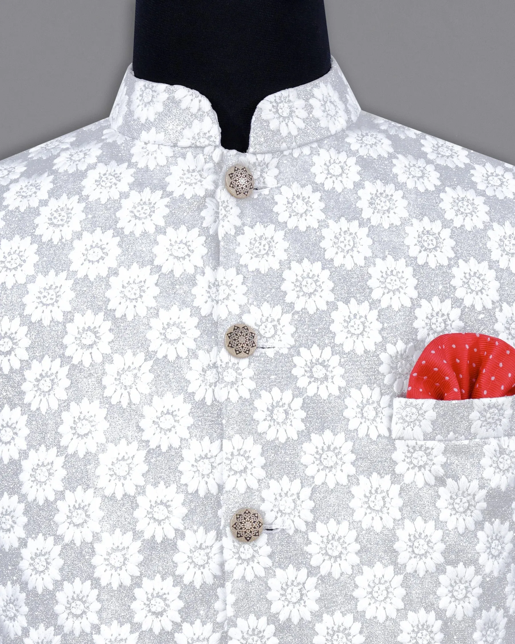 Heather Silver with White Floral Embroidered Nehru Jacket