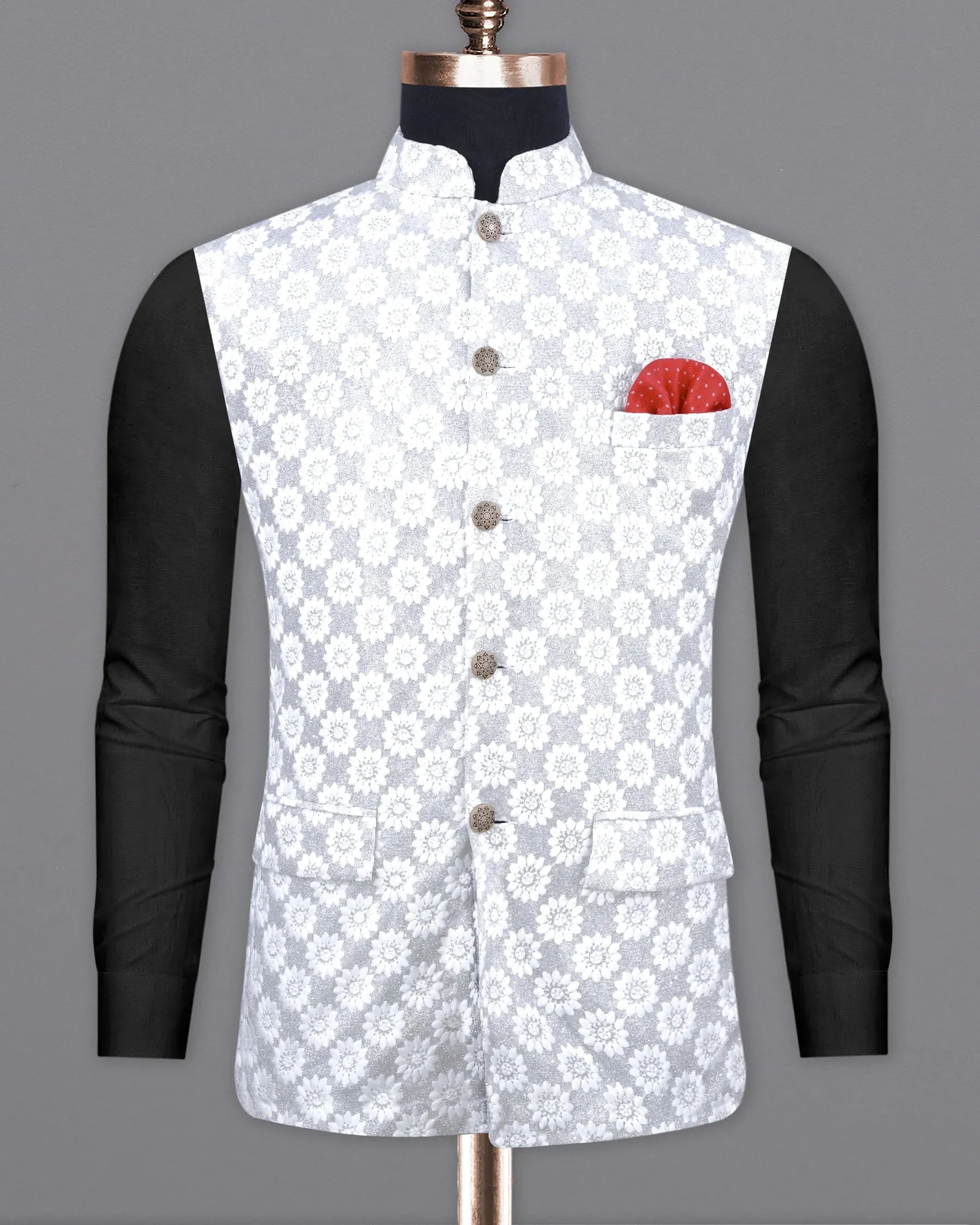 Heather Silver with White Floral Embroidered Nehru Jacket