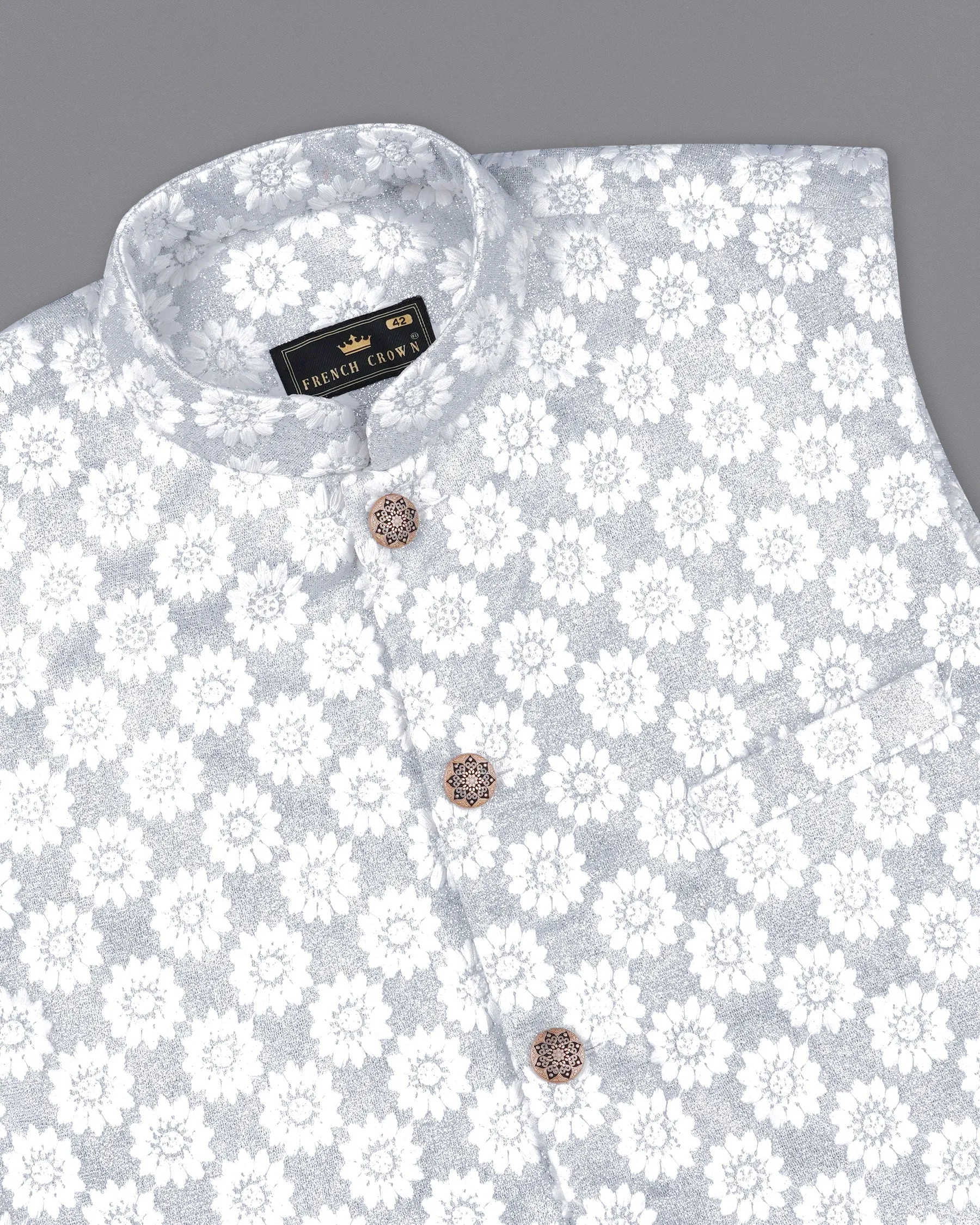 Heather Silver with White Floral Embroidered Nehru Jacket