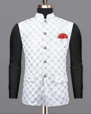Heather Silver with White Floral Embroidered Nehru Jacket