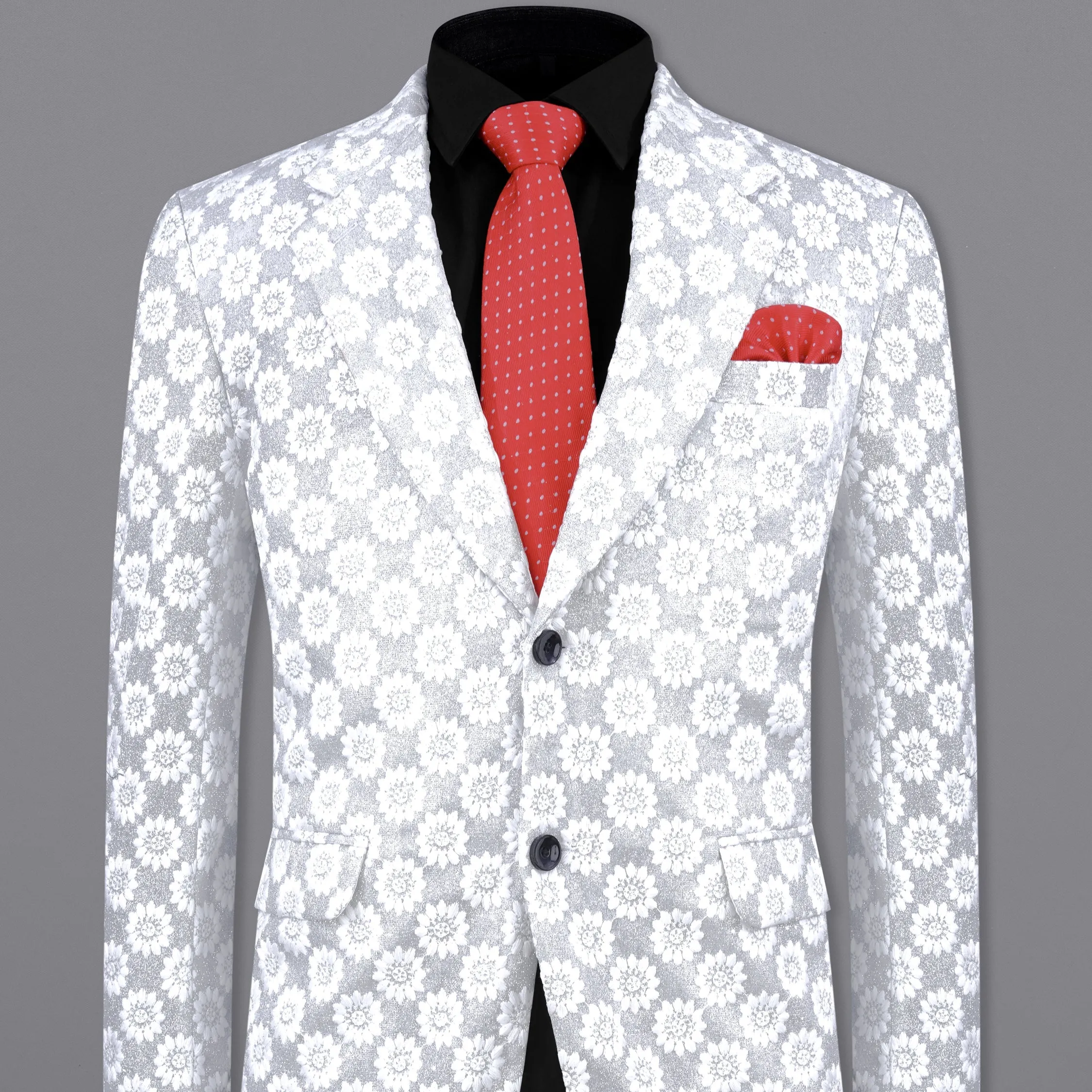 Heather Silver with White Floral Embroidered Single Breasted Designer Blazer