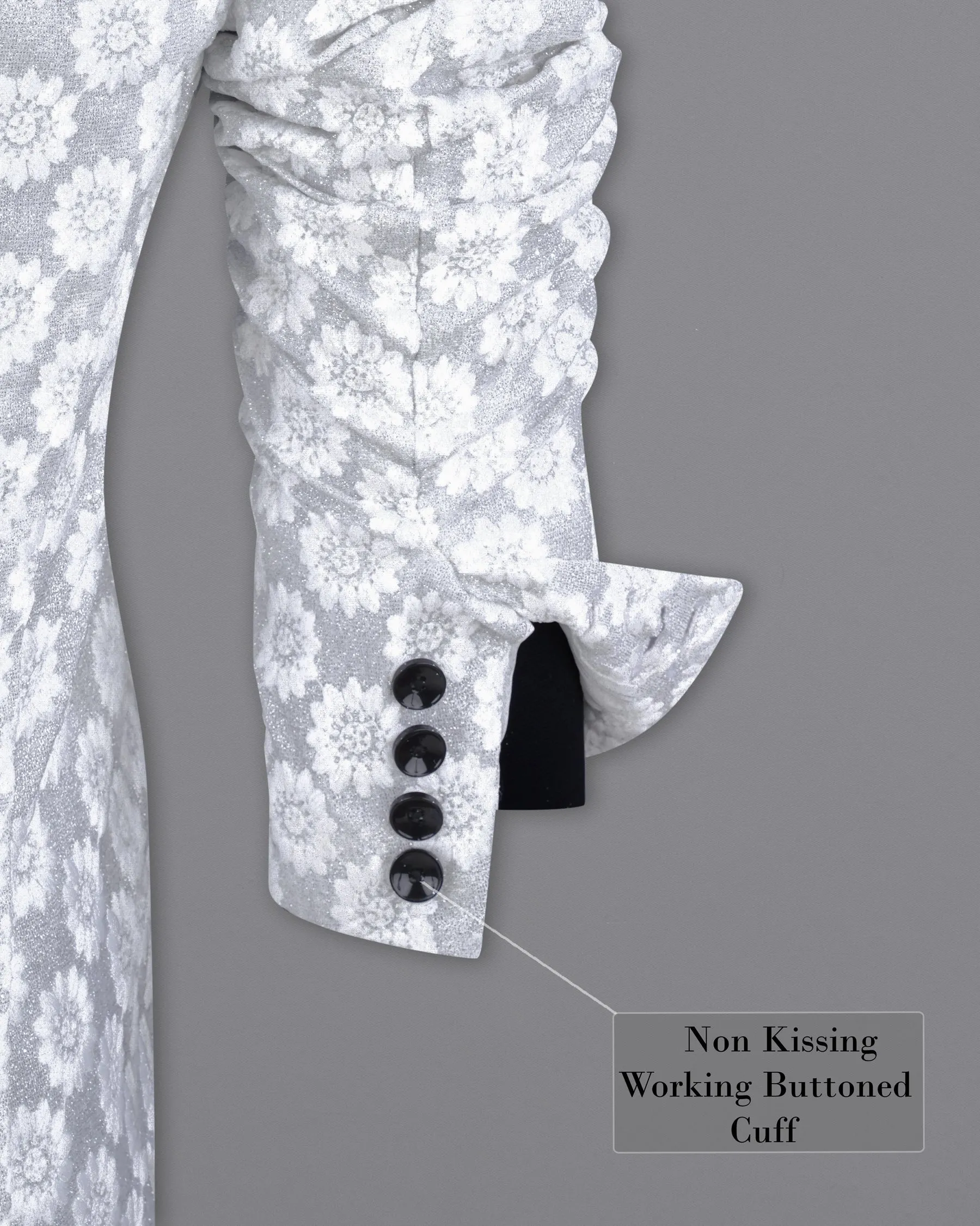 Heather Silver with White Floral Embroidered Single Breasted Designer Blazer