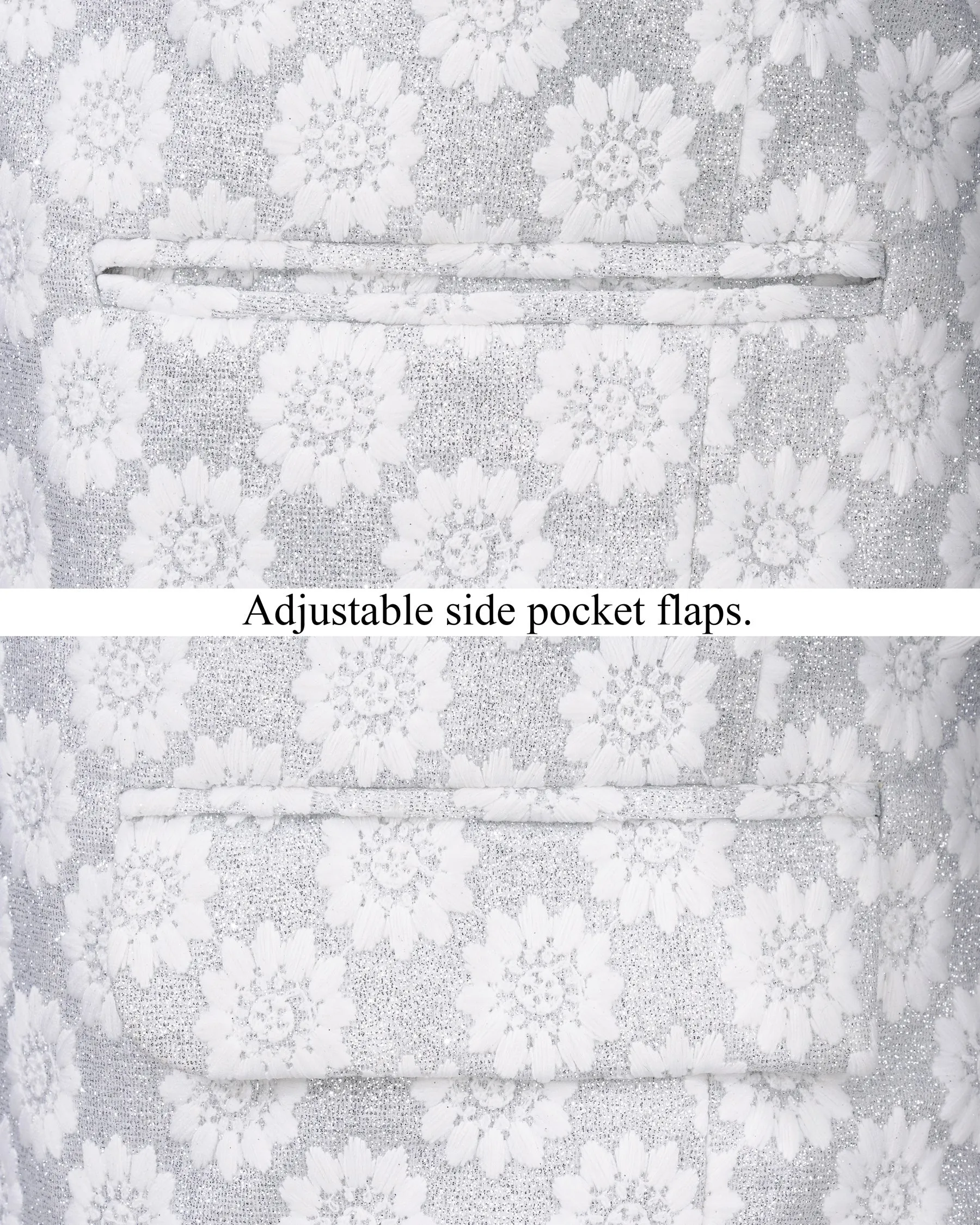Heather Silver with White Floral Embroidered Single Breasted Designer Blazer