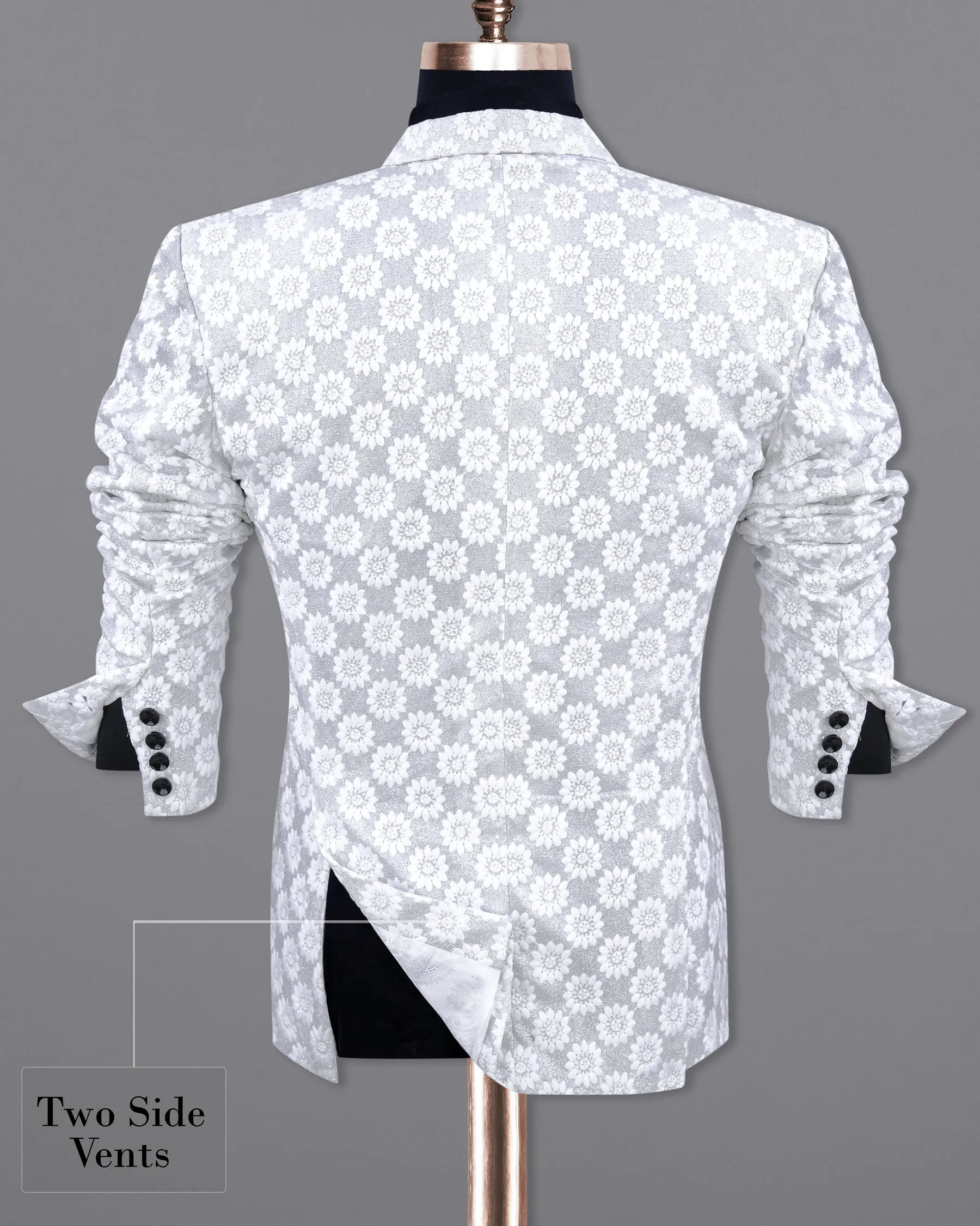 Heather Silver with White Floral Embroidered Single Breasted Designer Blazer