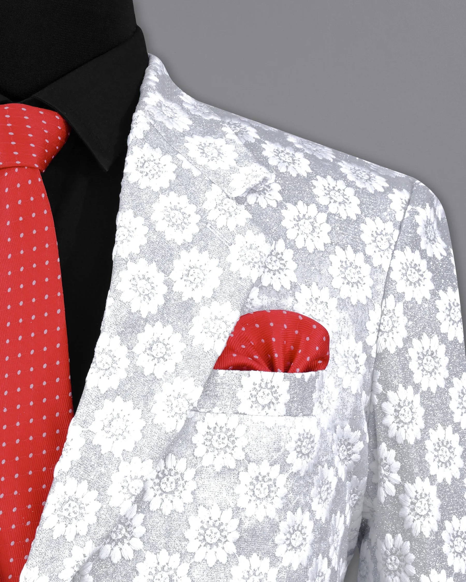 Heather Silver with White Floral Embroidered Single Breasted Designer Blazer