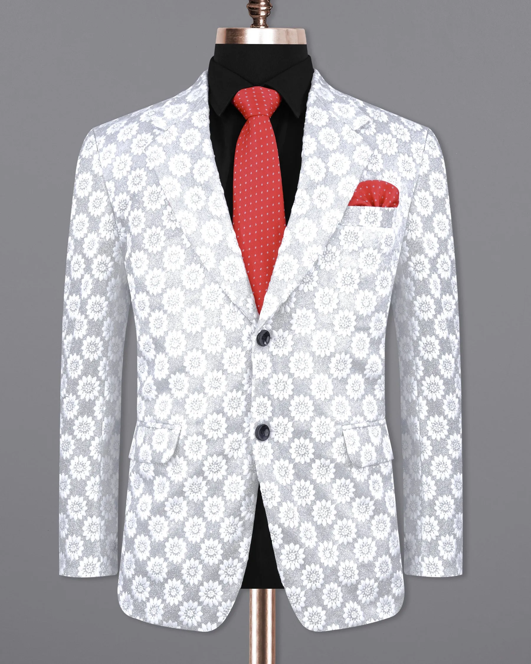 Heather Silver with White Floral Embroidered Single Breasted Designer Blazer