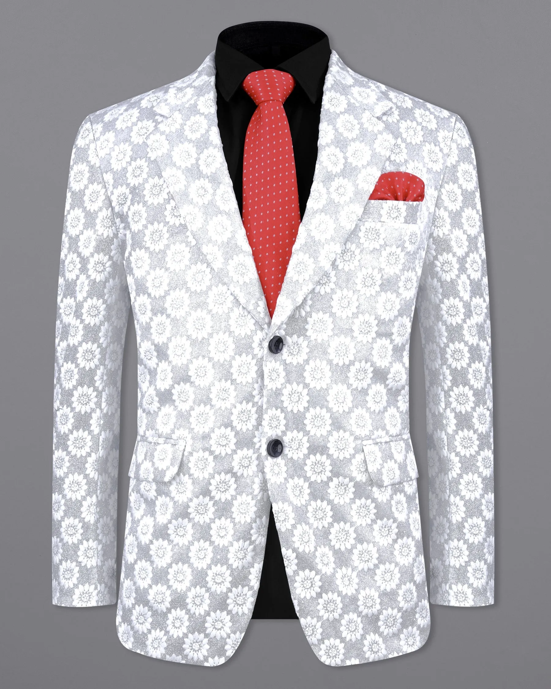 Heather Silver with White Floral Embroidered Single Breasted Designer Blazer