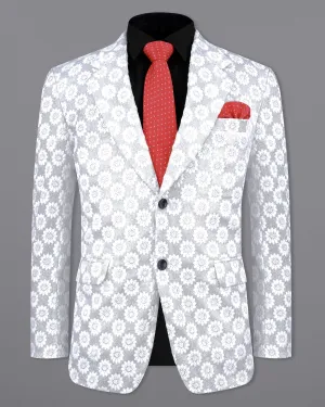 Heather Silver with White Floral Embroidered Single Breasted Designer Blazer