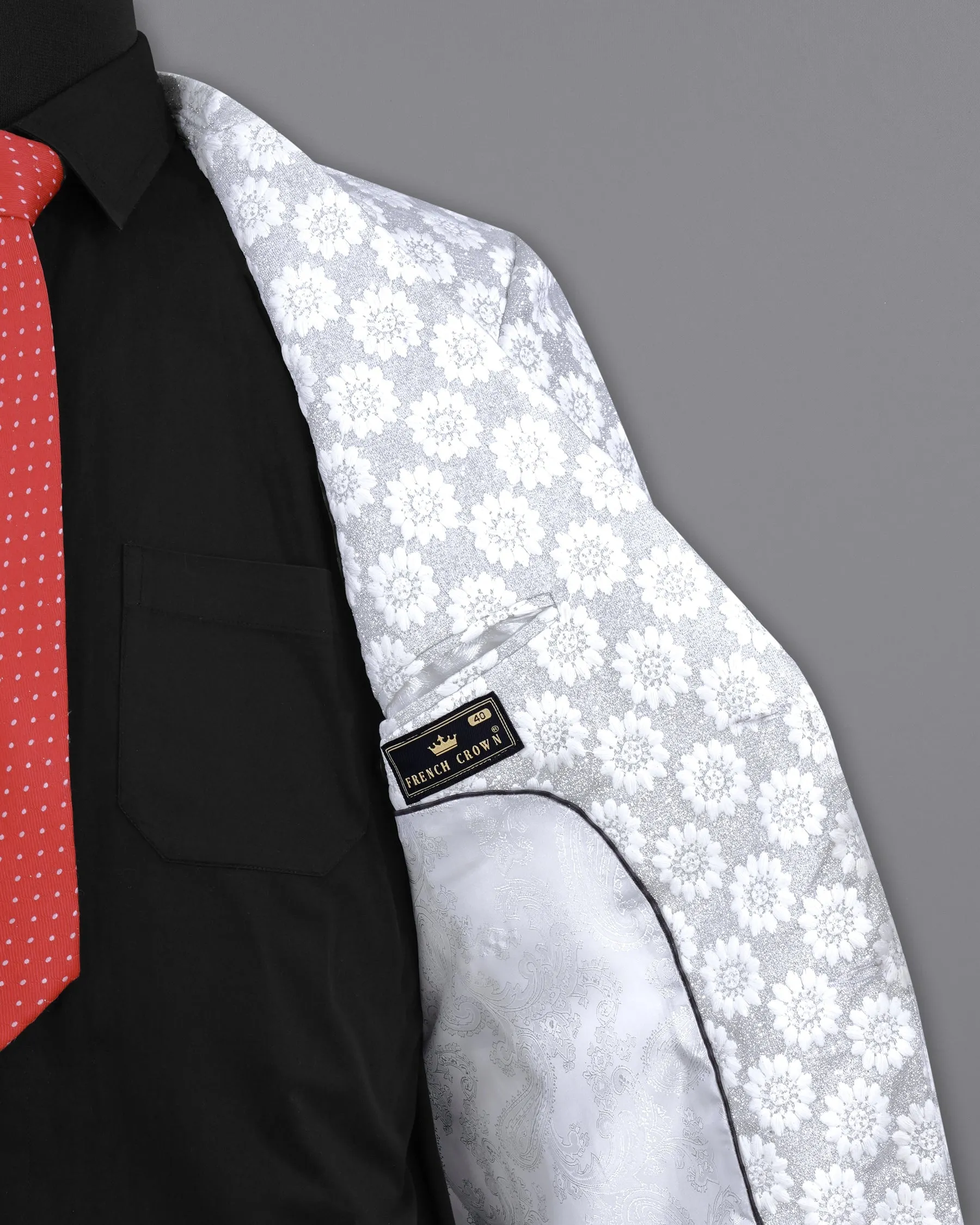 Heather Silver with White Floral Embroidered Single Breasted Designer Blazer