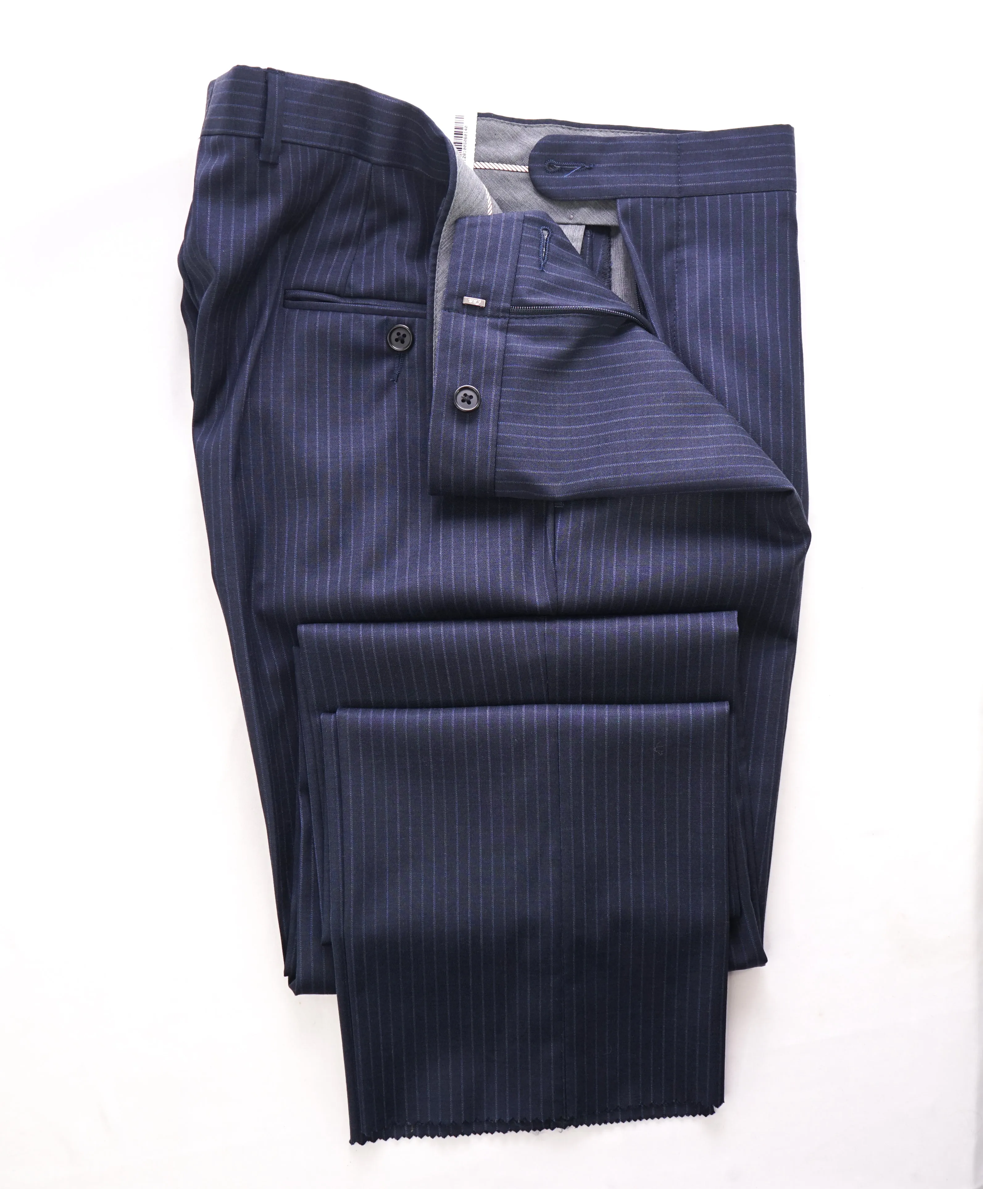 HICKEY FREEMAN -  Navy Blue Rope Stripe Wool Flat Front Dress Pants - 33W