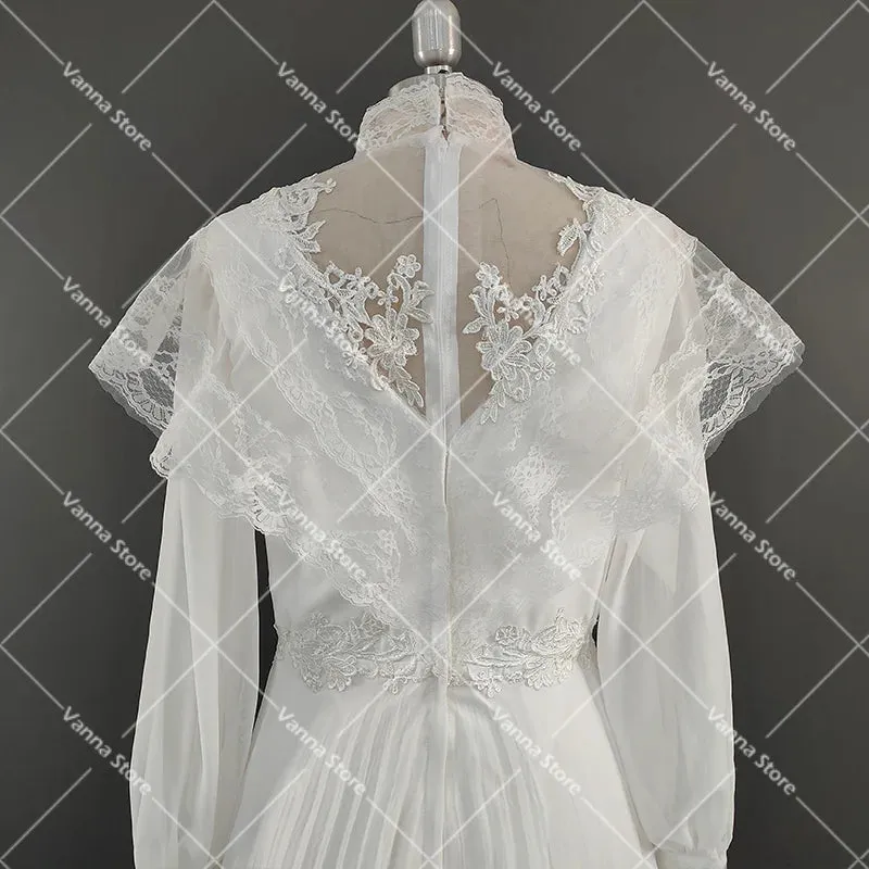 High Neck Victorian Wedding Dress Long Sleeves Tiered Lace 1970s Renaissance Gunne Sax Customized A Line Chiffon Bridal Gowns