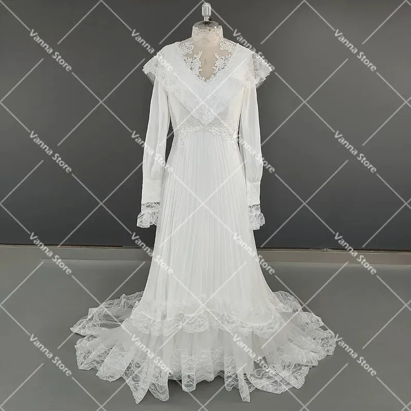 High Neck Victorian Wedding Dress Long Sleeves Tiered Lace 1970s Renaissance Gunne Sax Customized A Line Chiffon Bridal Gowns