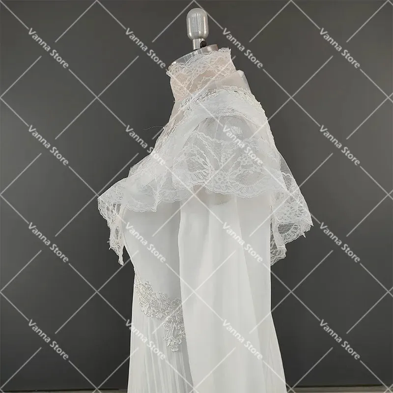 High Neck Victorian Wedding Dress Long Sleeves Tiered Lace 1970s Renaissance Gunne Sax Customized A Line Chiffon Bridal Gowns