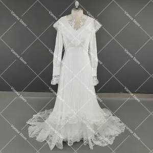 High Neck Victorian Wedding Dress Long Sleeves Tiered Lace 1970s Renaissance Gunne Sax Customized A Line Chiffon Bridal Gowns