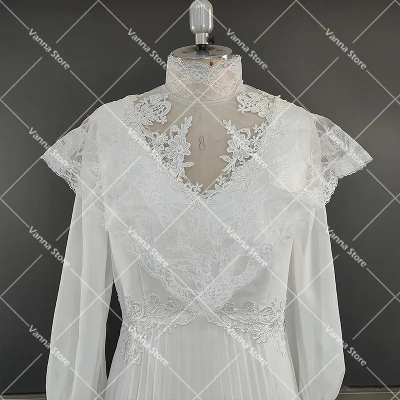 High Neck Victorian Wedding Dress Long Sleeves Tiered Lace 1970s Renaissance Gunne Sax Customized A Line Chiffon Bridal Gowns