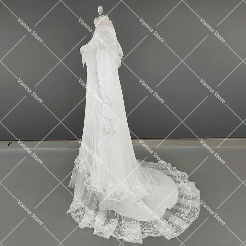 High Neck Victorian Wedding Dress Long Sleeves Tiered Lace 1970s Renaissance Gunne Sax Customized A Line Chiffon Bridal Gowns
