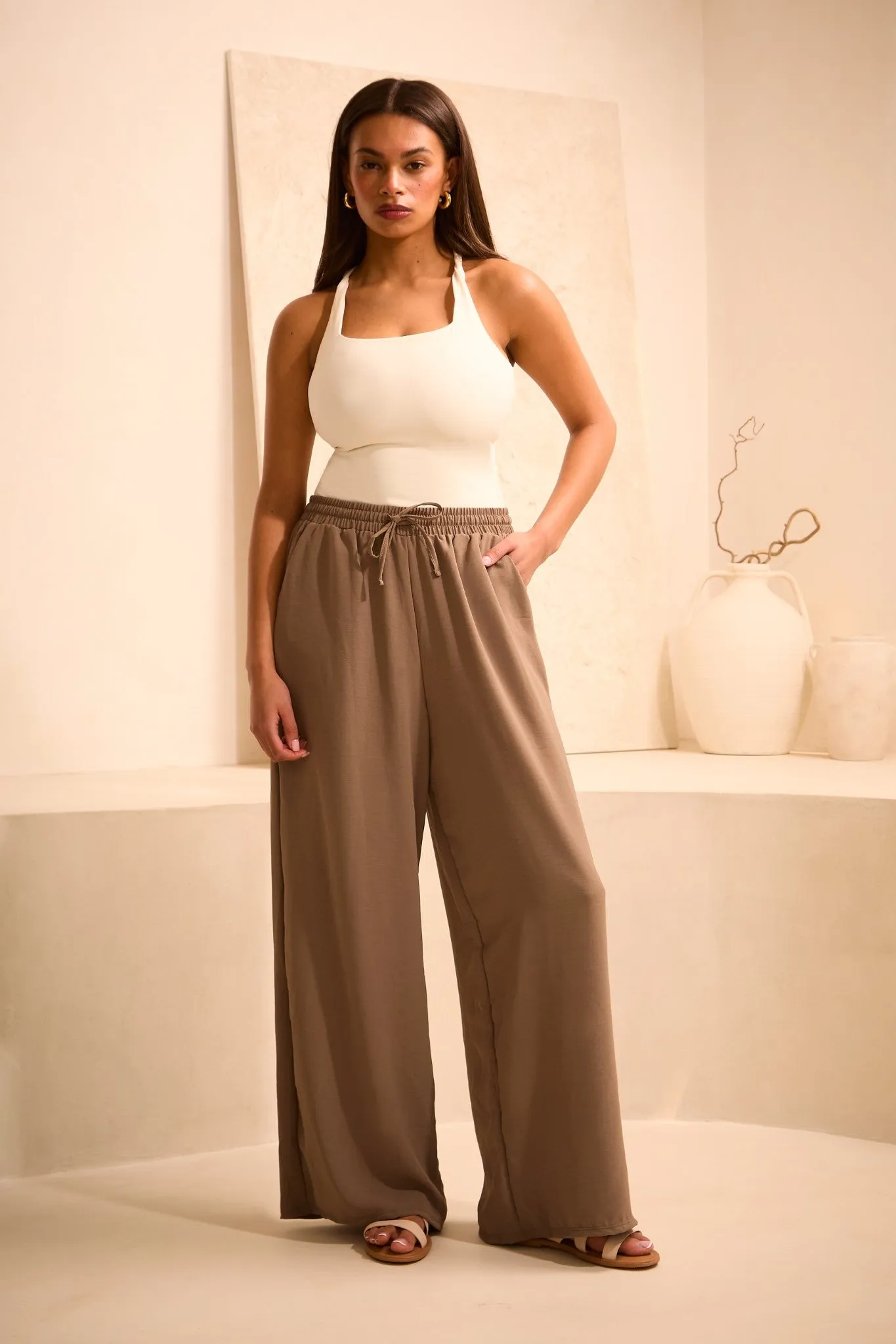 High Waisted Wide Leg ‘Liv’ Trousers - Mushroom