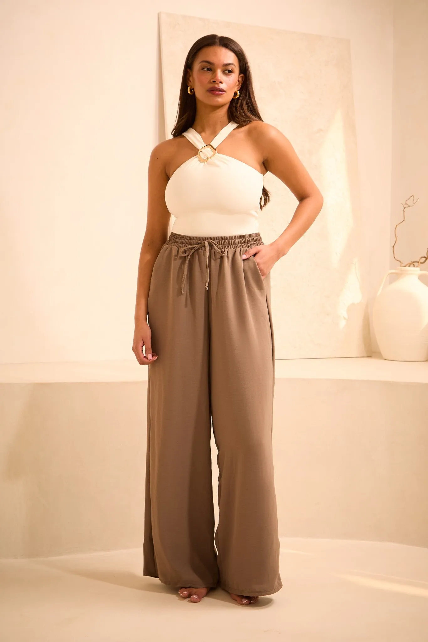 High Waisted Wide Leg ‘Liv’ Trousers - Mushroom