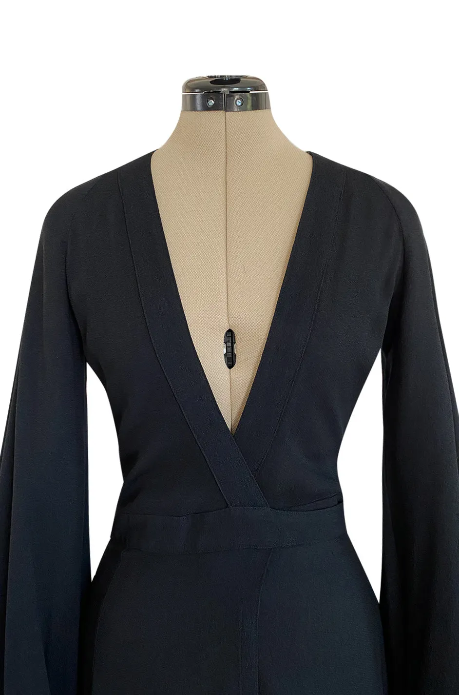 Iconic 1972 Ossie Clark Couture Black Moss Crepe Wrapped Cuddly Dress w Bishop Sleeves