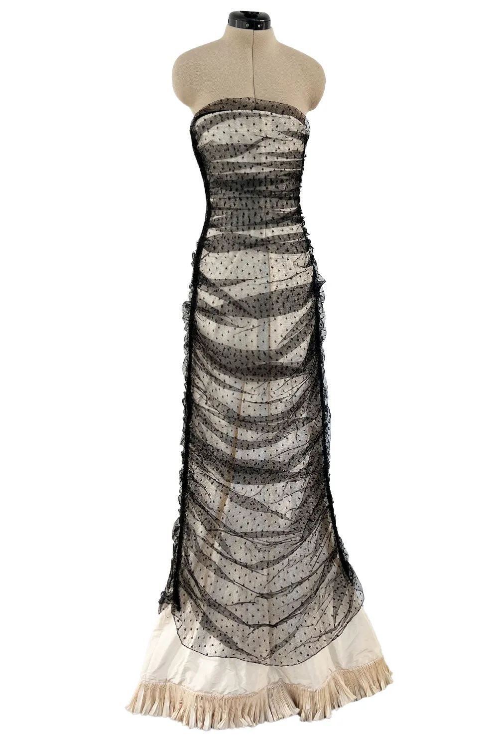Incredible 1998 Valentino Sample Black Dot Net Over Ivory Silk Taffeta Strapless Dress