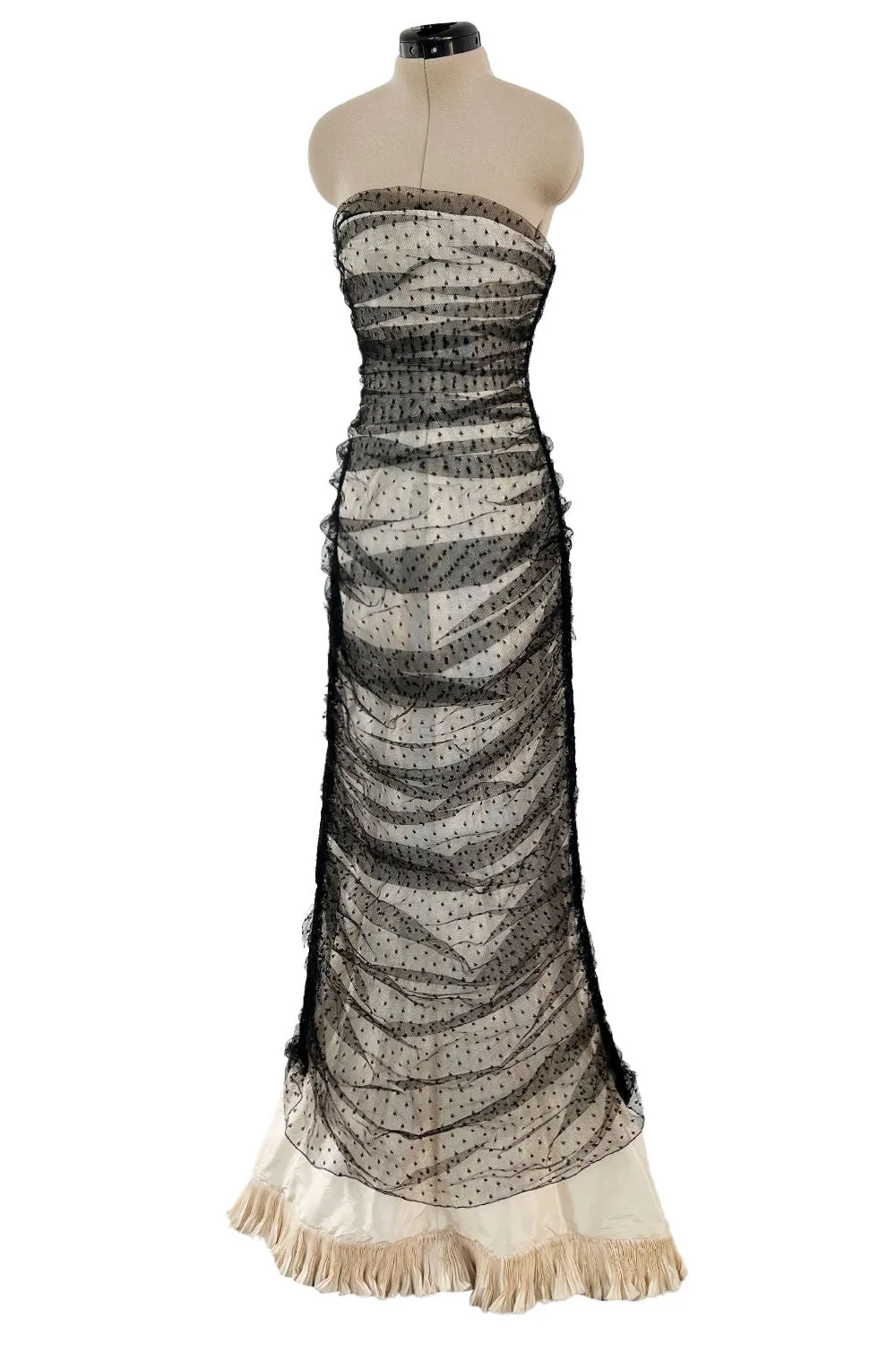 Incredible 1998 Valentino Sample Black Dot Net Over Ivory Silk Taffeta Strapless Dress