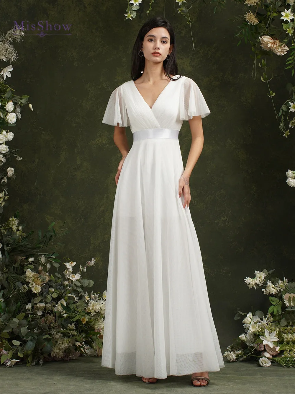 Ivory Beach Wedding Dresses For Women A-Line Puffer Short Sleeve