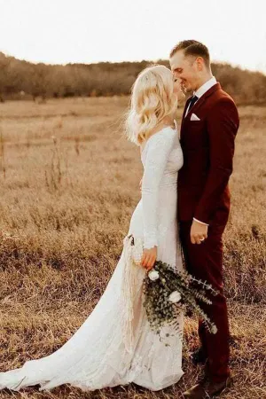 Ivory Rustic Sheath Long Sleeves Backless Beach Wedding Dresses, SW365
