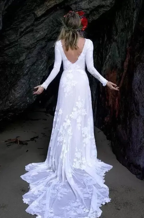 Ivory Rustic Sheath Long Sleeves Backless Beach Wedding Dresses, SW365
