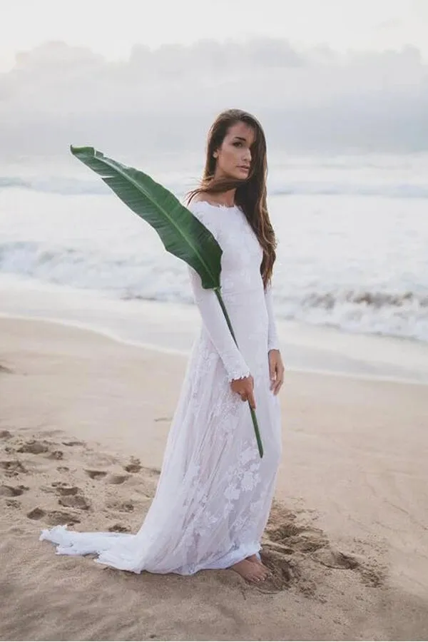 Ivory Rustic Sheath Long Sleeves Backless Beach Wedding Dresses, SW365
