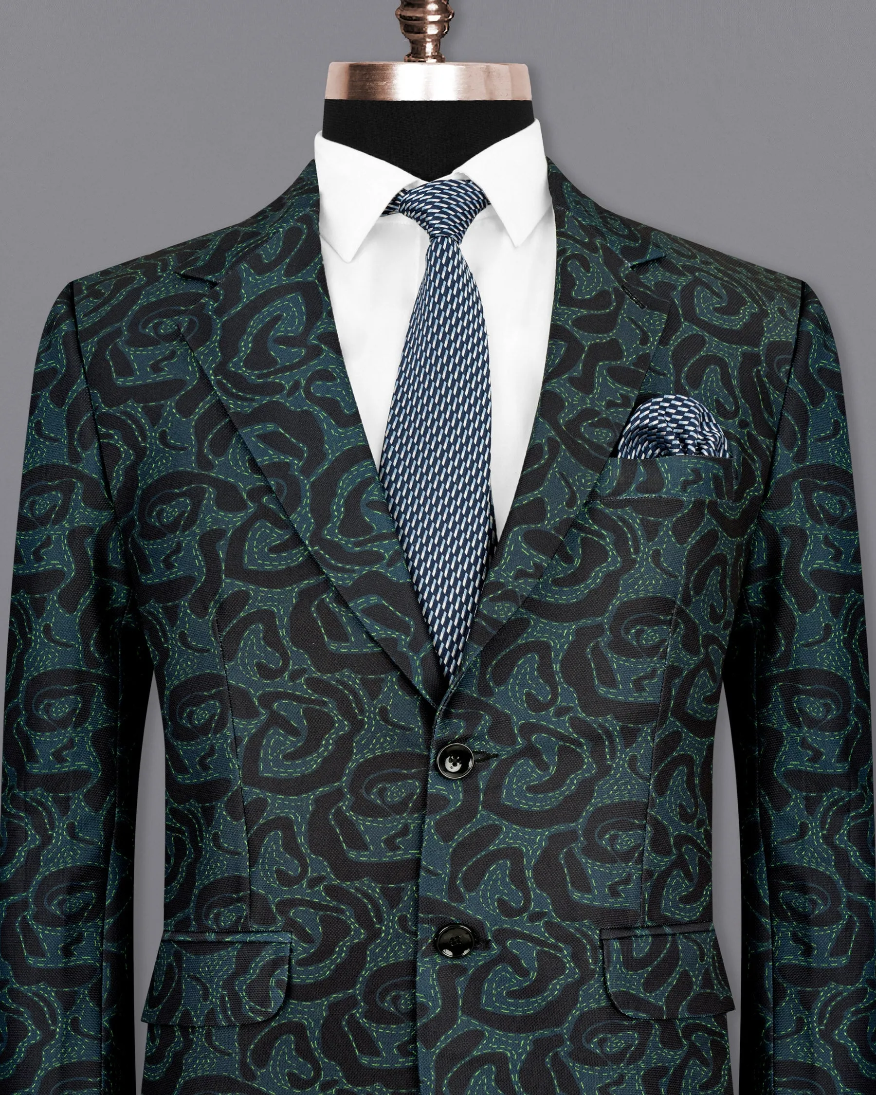 Jade Black and Firefly Green Rose Patterned Designer Blazer