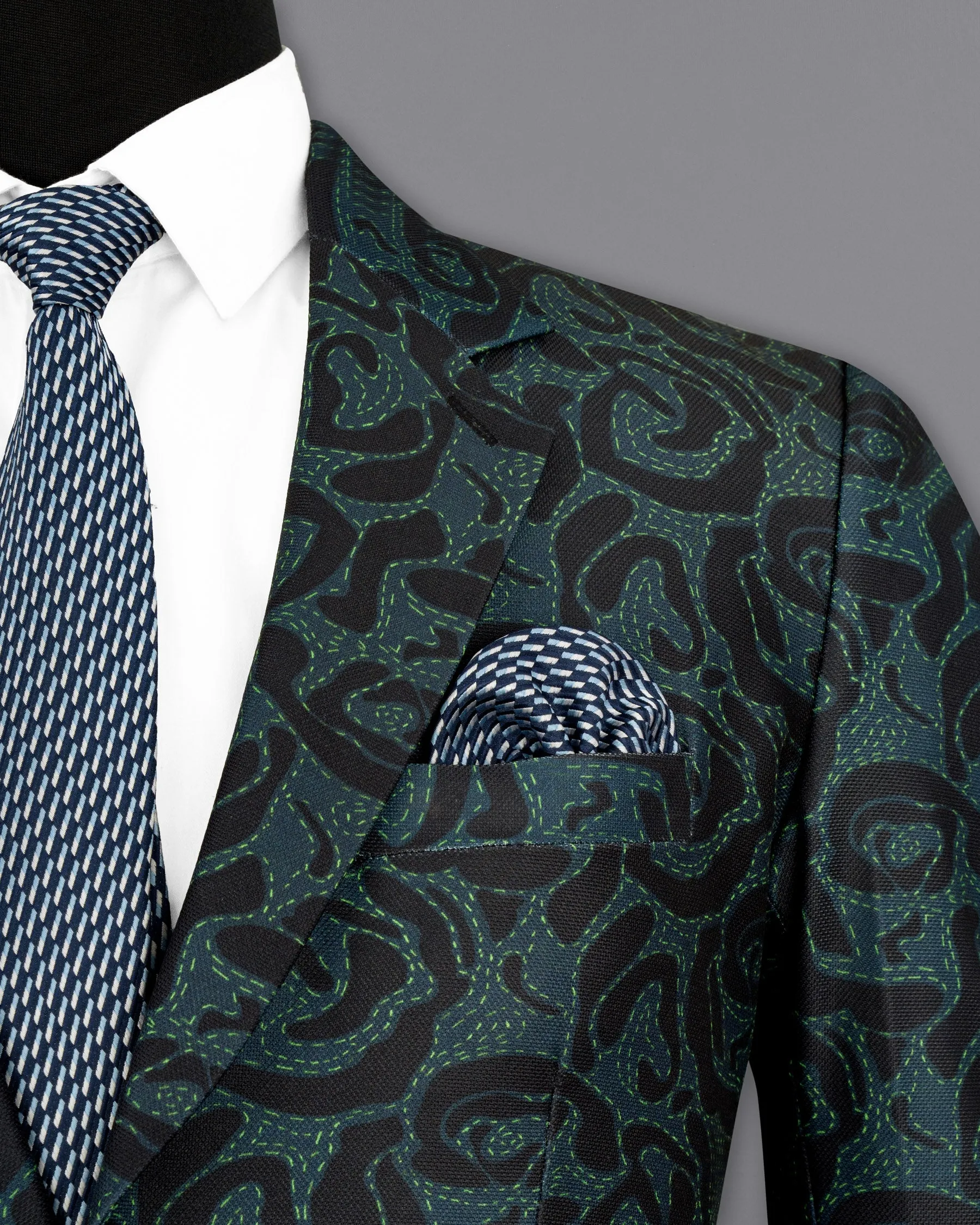 Jade Black and Firefly Green Rose Patterned Designer Blazer