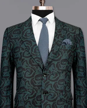 Jade Black and Firefly Green Rose Patterned Designer Blazer