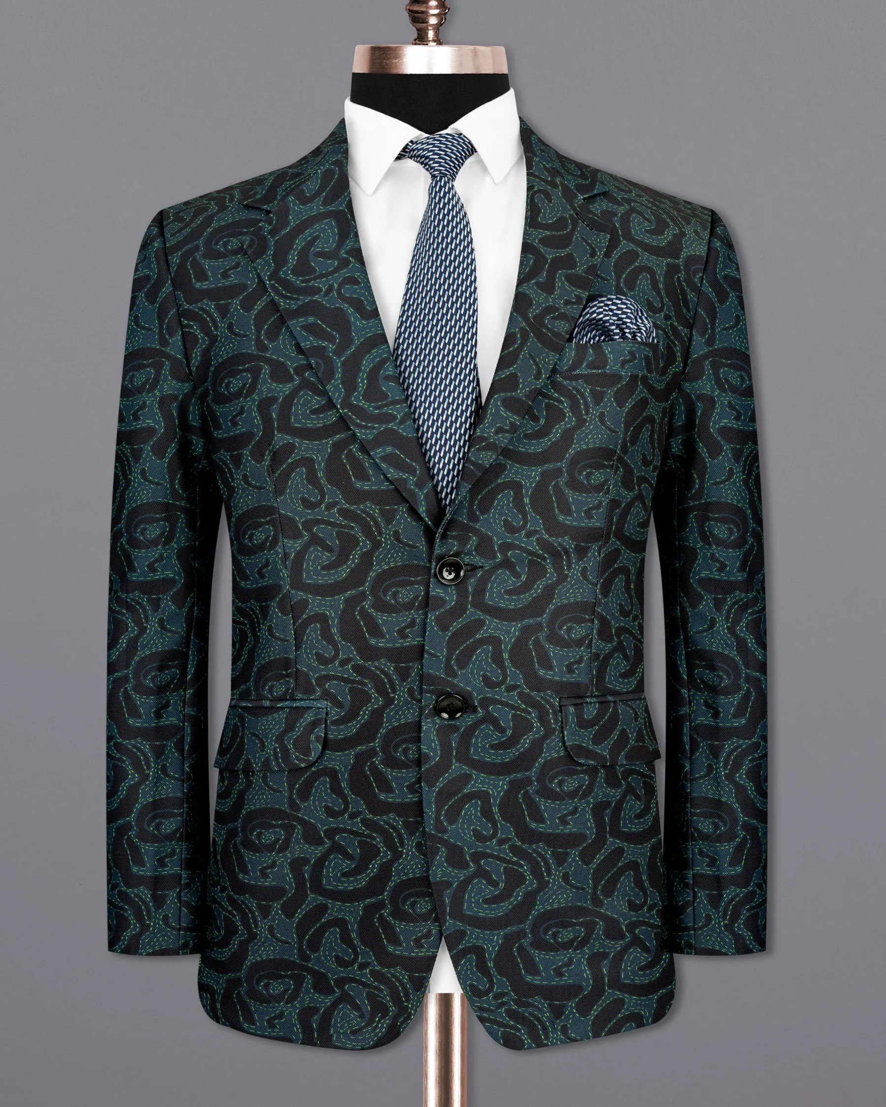 Jade Black and Firefly Green Rose Patterned Designer Blazer