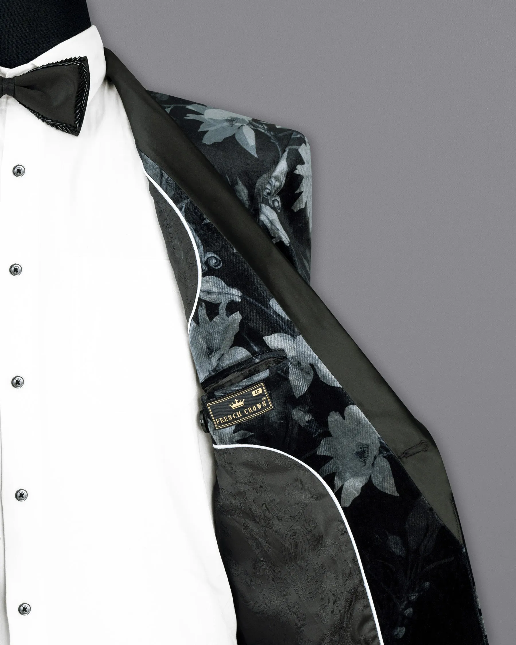 Jade Black and Languid Floral velvet Designer Tuxedo Blazer