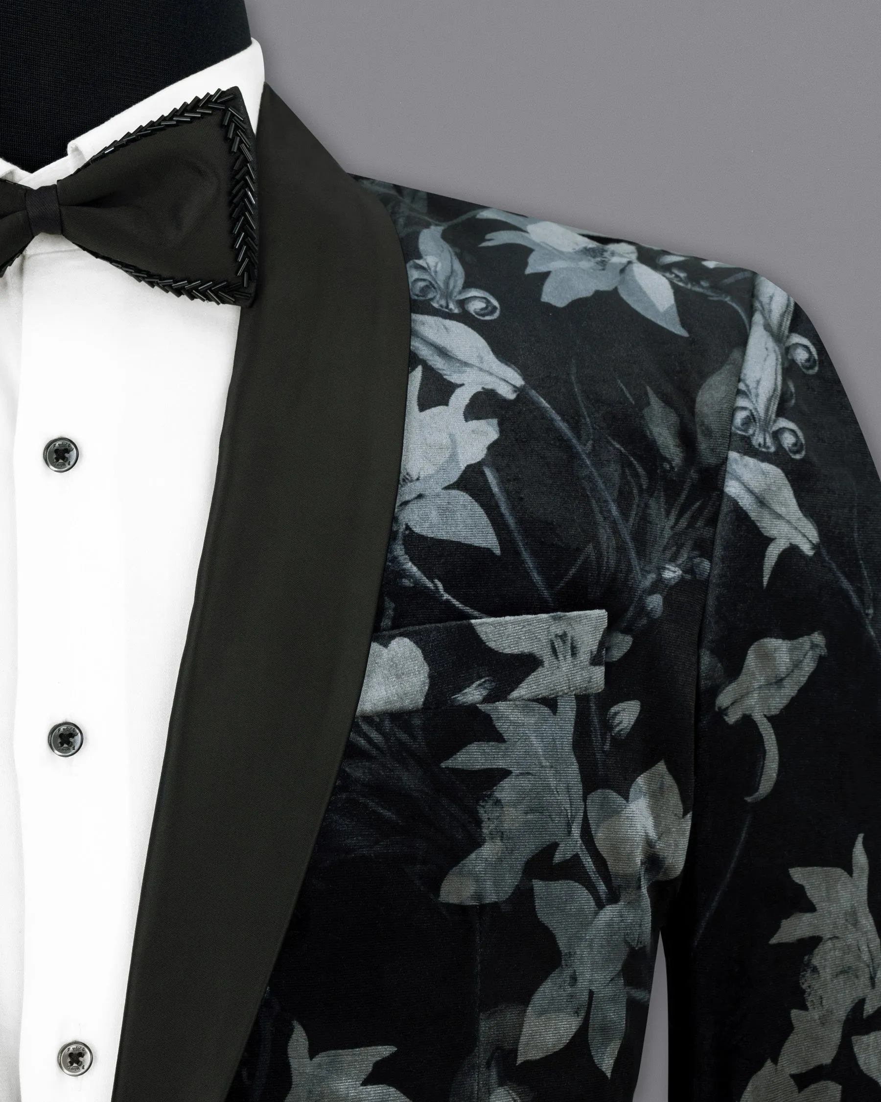 Jade Black and Languid Floral velvet Designer Tuxedo Blazer
