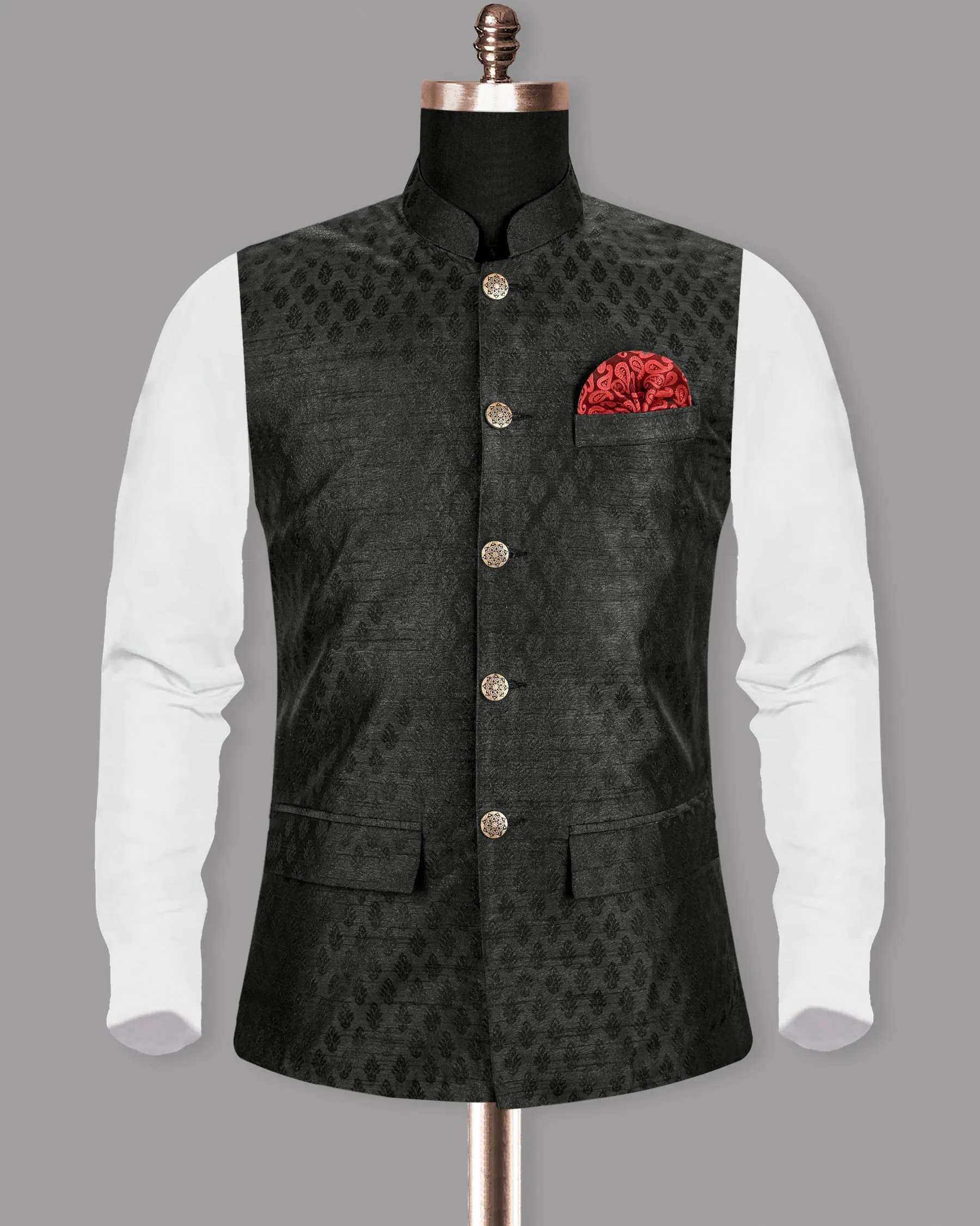 Jade Black Jacquard Patterned Designer Nehru Jacket