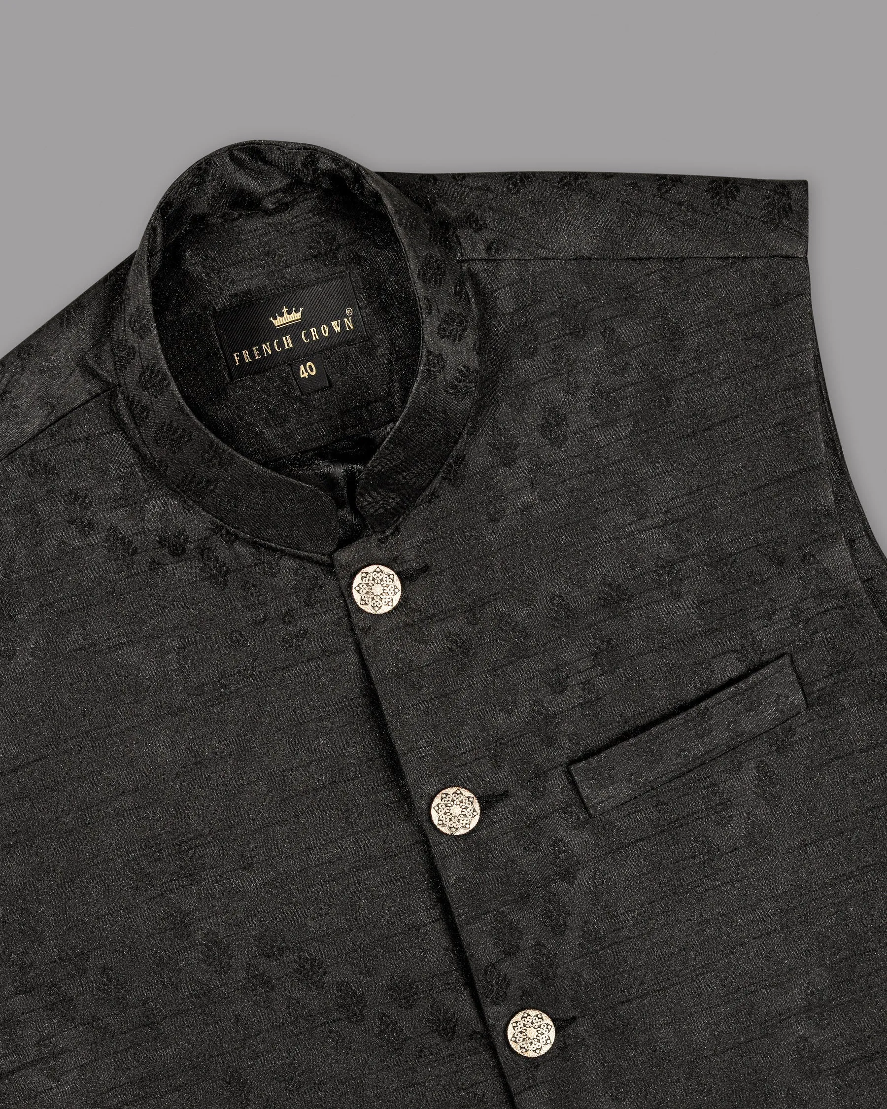 Jade Black Jacquard Patterned Designer Nehru Jacket
