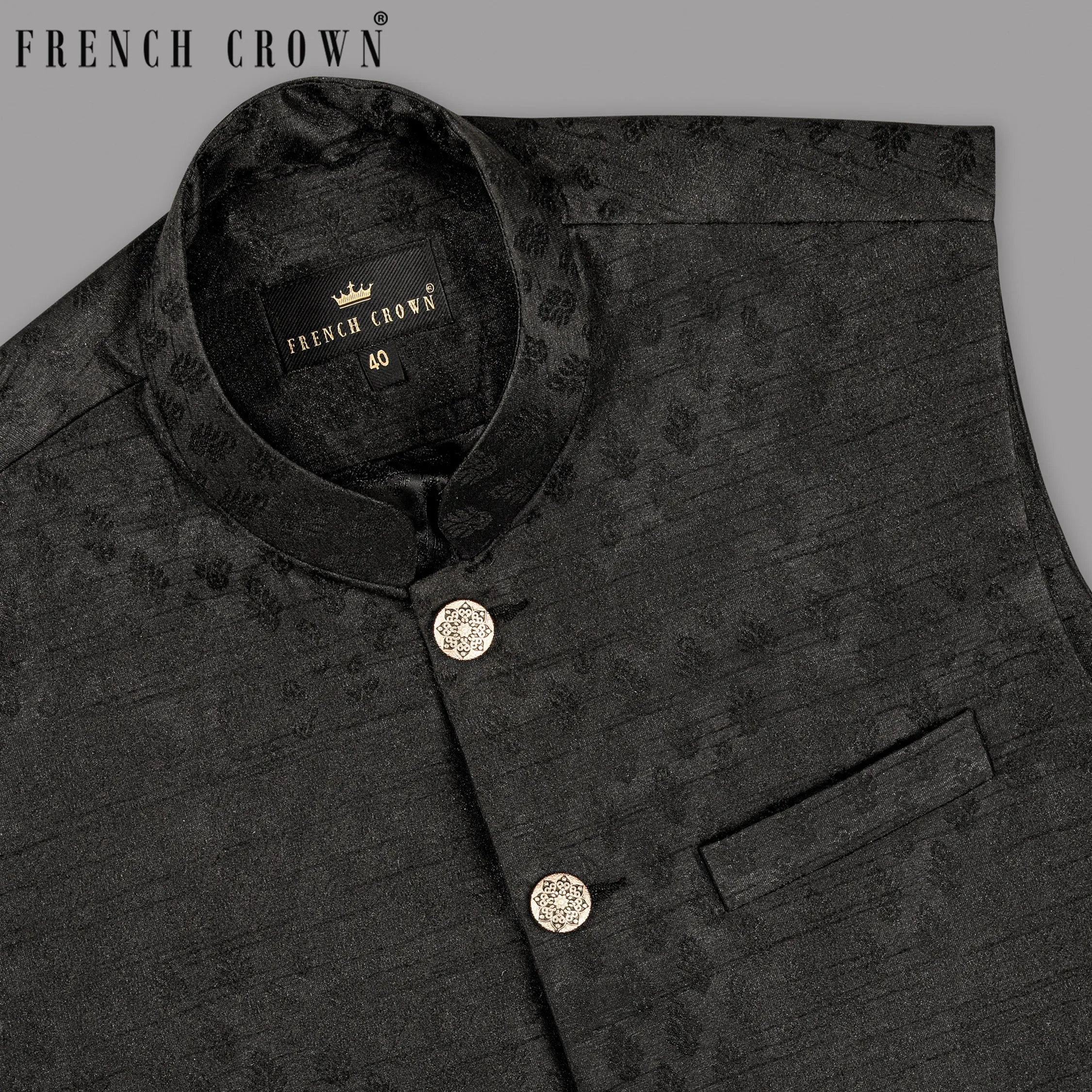 Jade Black Jacquard Patterned Designer Nehru Jacket