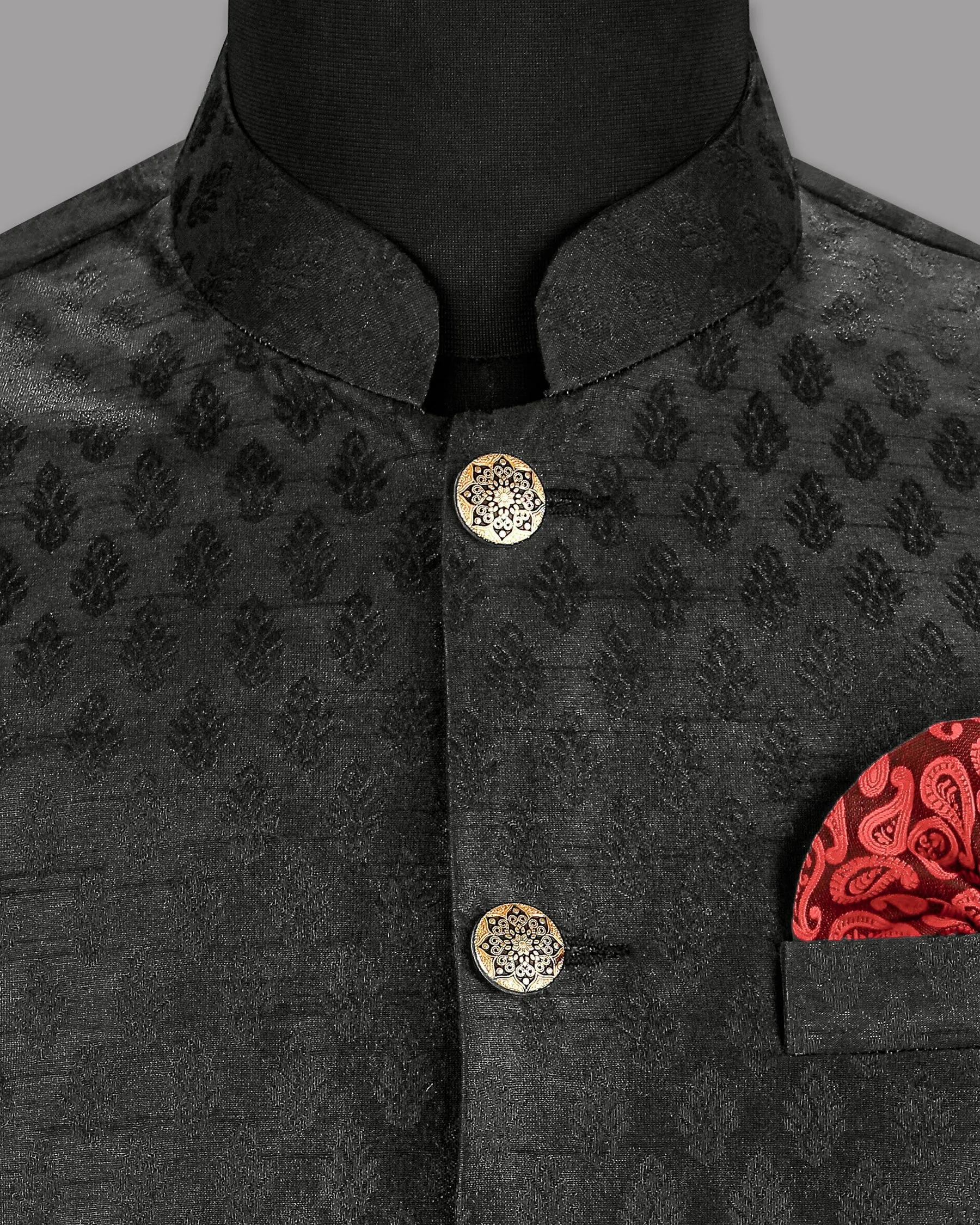 Jade Black Jacquard Patterned Designer Nehru Jacket