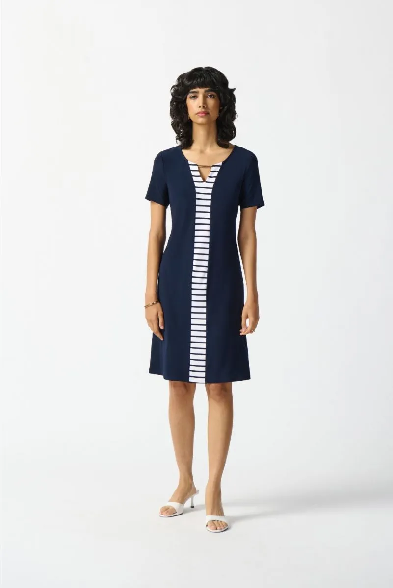 Joseph Ribkoff Midnight Blue/Vanilla Striped Knee Length Shift Dress 242068